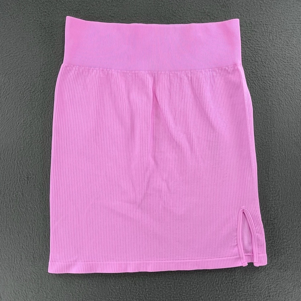 GOQQ Women Mini Skirt Pink Ribbed Nylon Spandex L Y2K Athleisure Bodycon